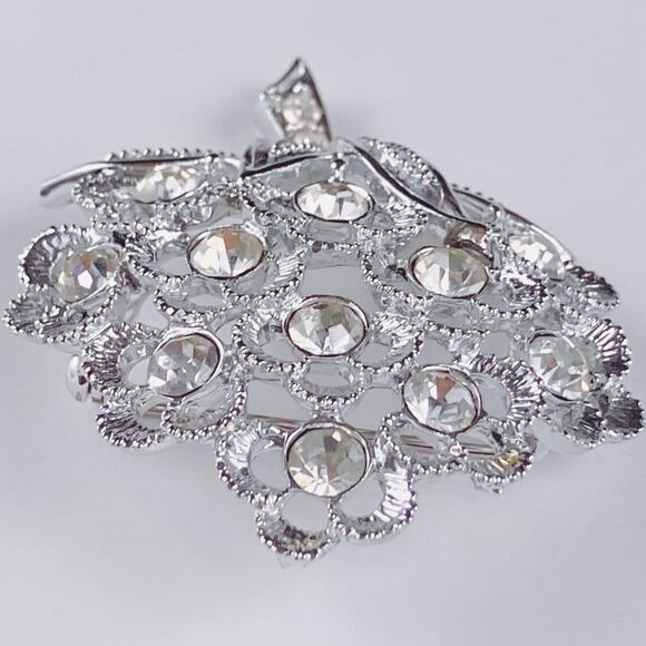 VTG Signed Sarah Coventry Mid Century Rhinestone Flower Brooch Silver Tone - Picture 4 of 9